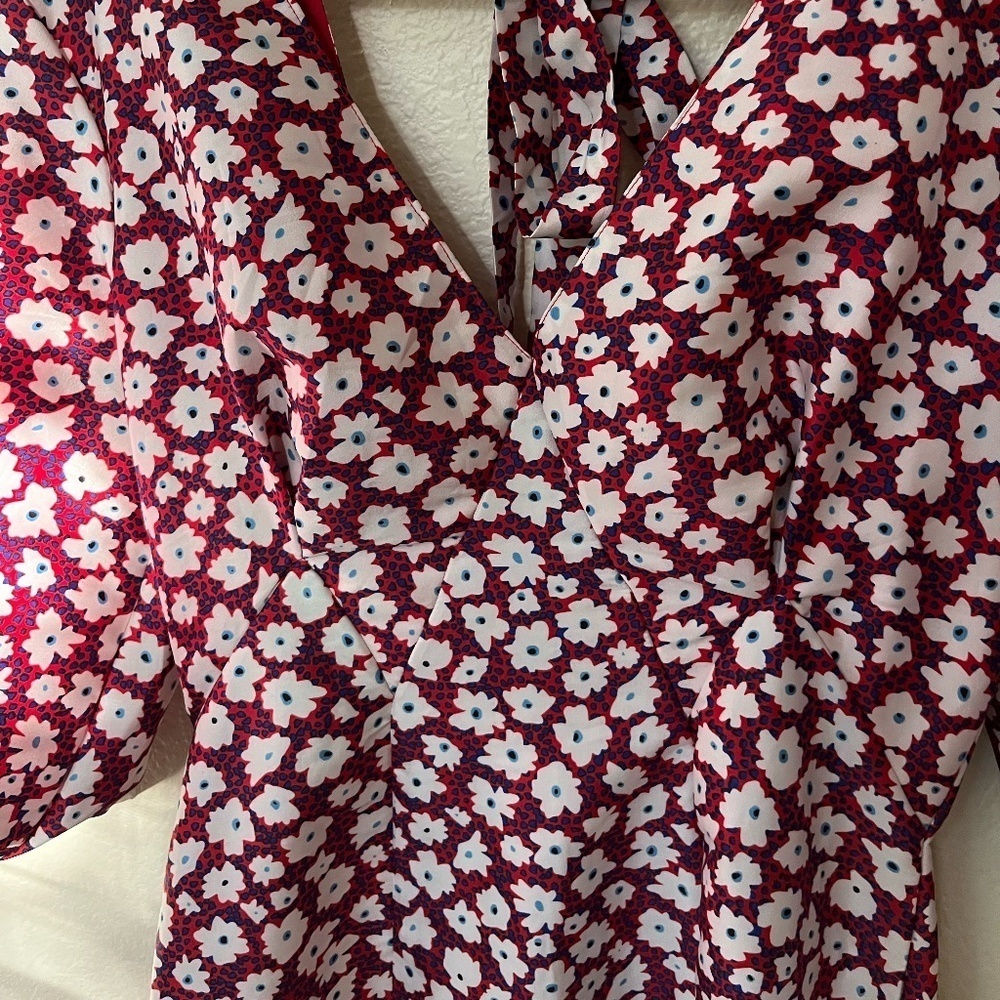 NWT TOPSHOP | Daisy Print Puff Sleeve Tie Back Midi Dress In Red Multi | Size 6 - Picture 7 of 12